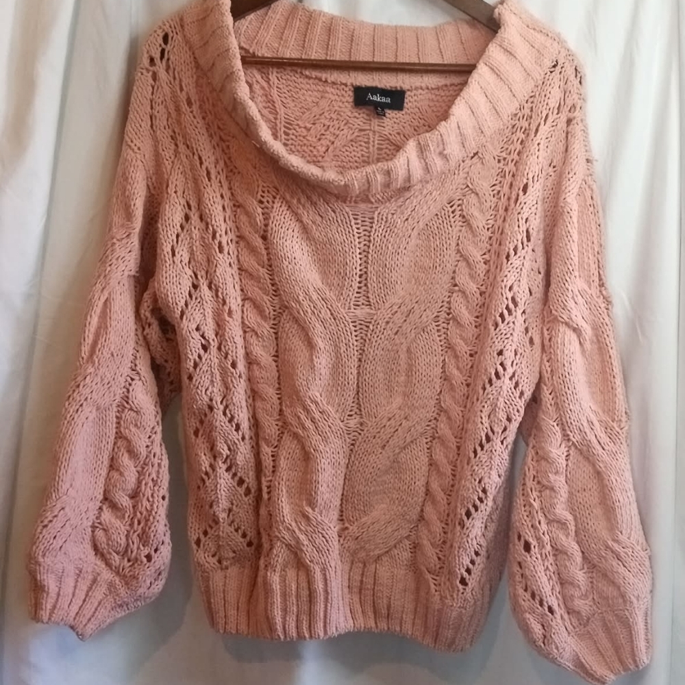 Aakaa Peach Loose Cable Knit Cowl Neck Sweater Off Shoulder Small Kawaii Soft